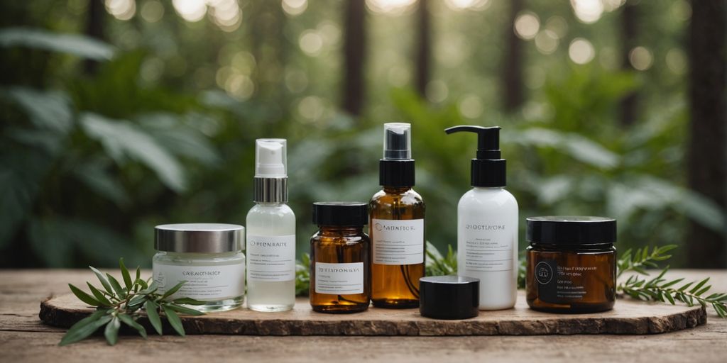 Assorted skincare products with natural elements and textures.