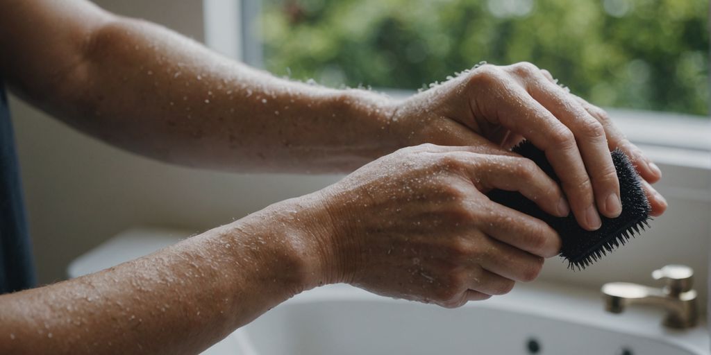 Person exfoliating arm with a scrub brush for skincare.