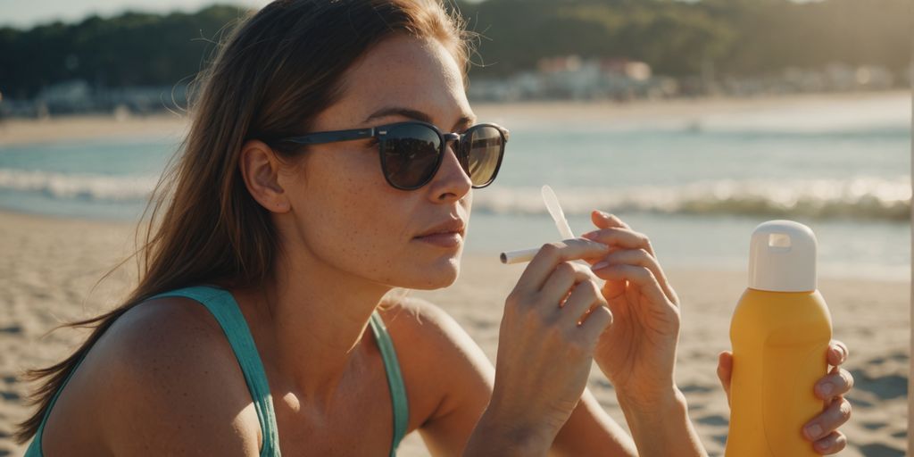 Applying sunscreen on the beach during summer.