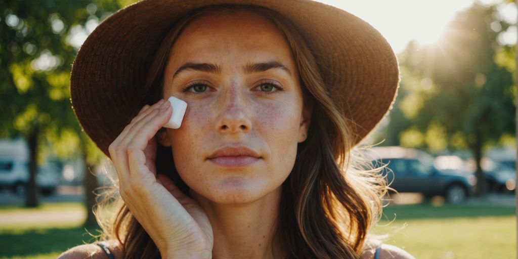 Woman applying sunscreen on her face in summer