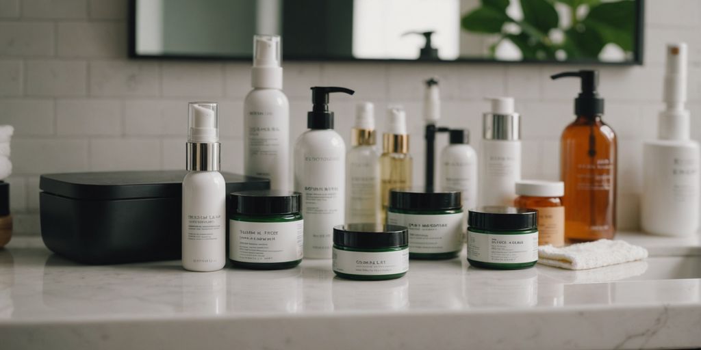 Various Korean skincare products on a bathroom counter.