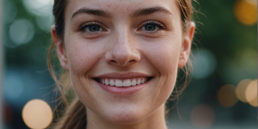 Clear skin after acne treatment, smiling face close-up.