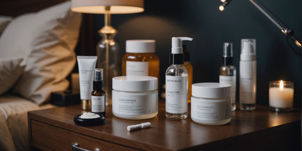 Night skincare products on a bedside table.