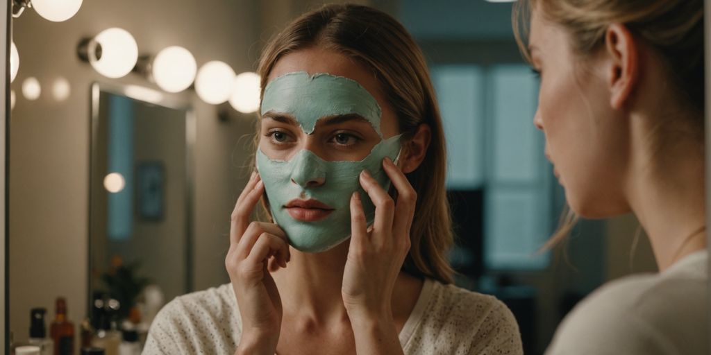 Homemade face mask application in front of mirror