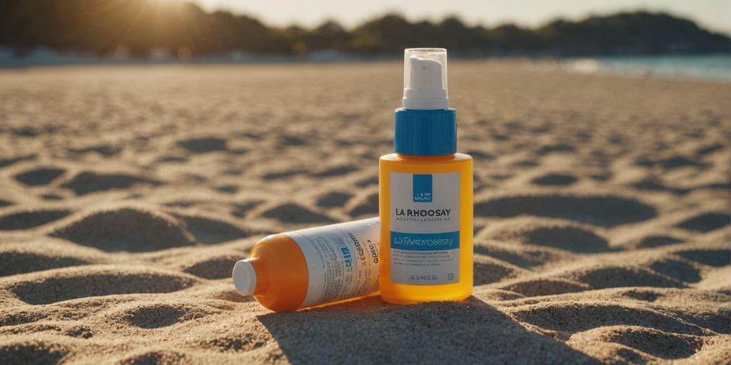 La Roche-Posay sunscreen bottle on a sunny beach.