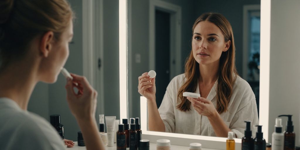 Woman applying skincare products in front of a mirror