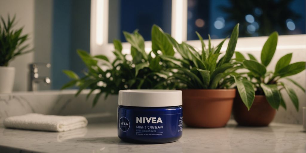 Nivea night cream jar on a bathroom counter.