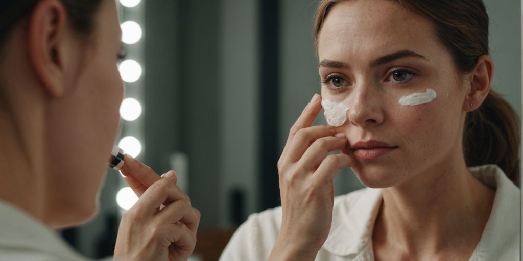 Woman moisturizing her face to prevent wrinkles.