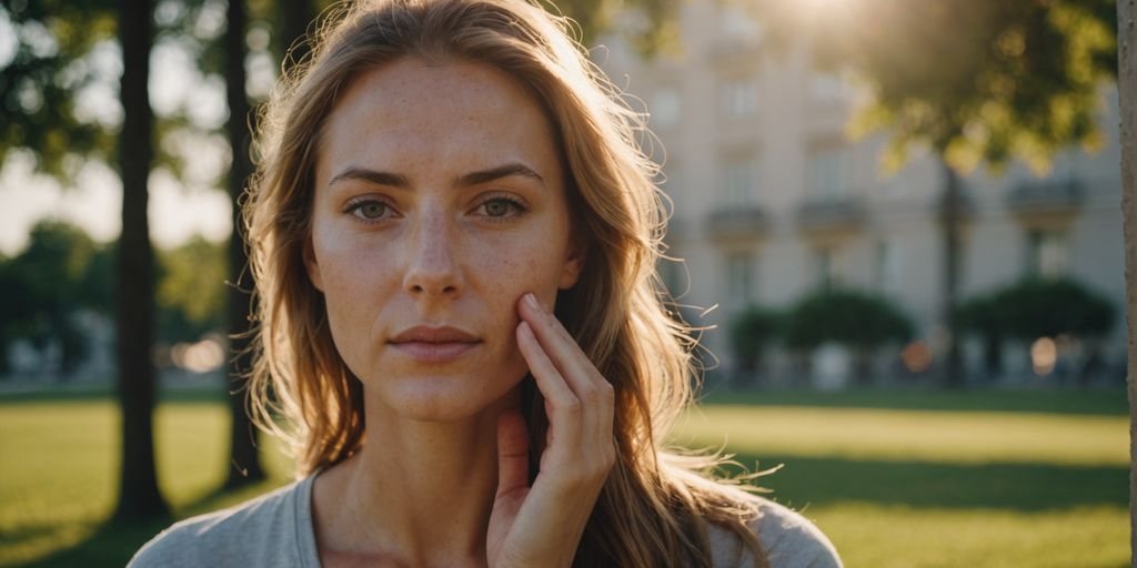 Woman applying sunscreen on her face in the morning.