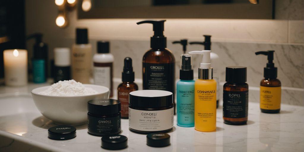 Various skincare products for nighttime routine on a bathroom counter.