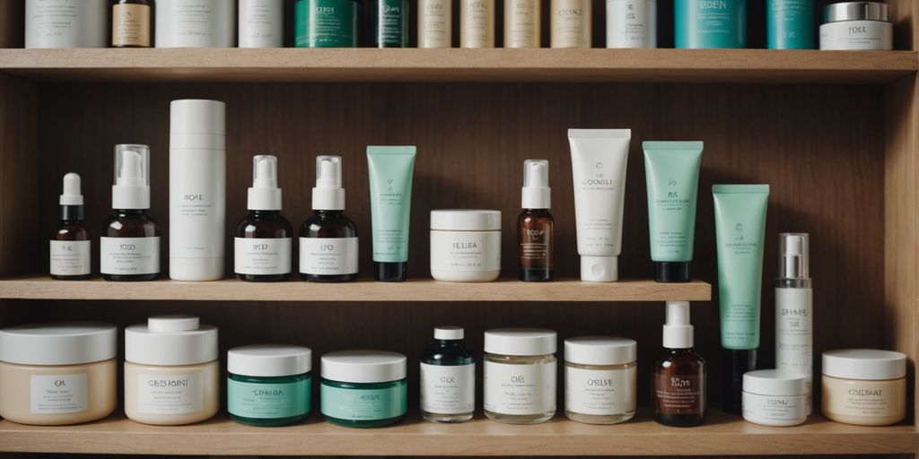 Assorted Korean skincare products neatly displayed on a shelf.