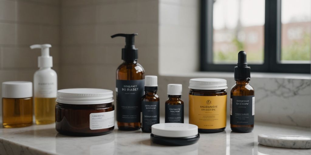 Various skincare products and antioxidants on a bathroom counter.