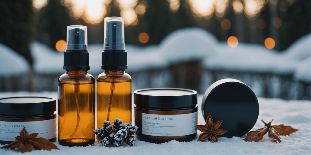 Skincare items with winter snow and summer sun.