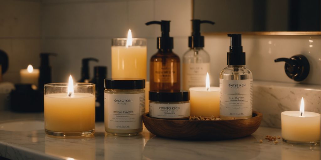 Essential night skincare products on a counter with candles.