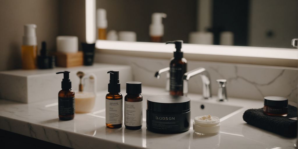 Night skincare products arranged neatly on a counter.