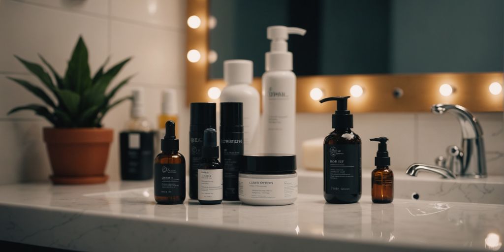 Night skincare products arranged neatly on a counter.