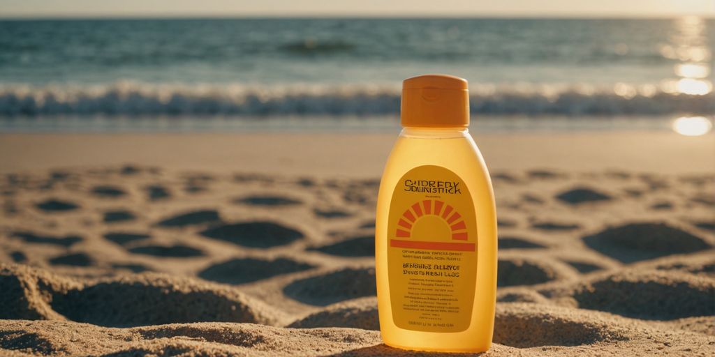 Sunblock bottle on a beach with bright sun overhead.