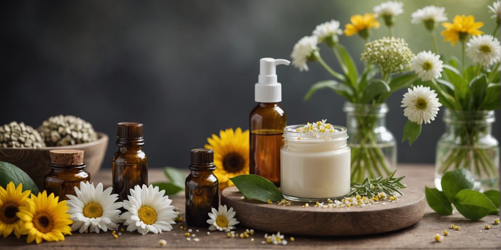 Natural skincare products with fresh ingredients and flowers.