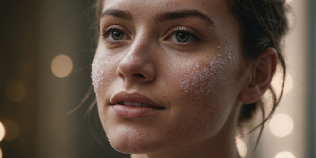 Woman exfoliating her glowing, healthy skin close-up.