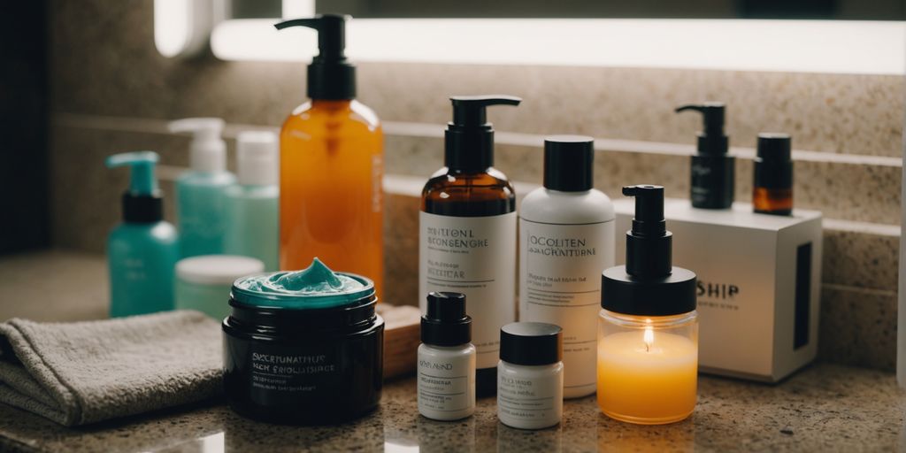 Night skincare products arranged neatly on a counter.