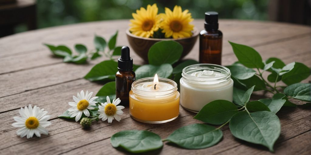 Natural skincare products with leaves and flowers on table.