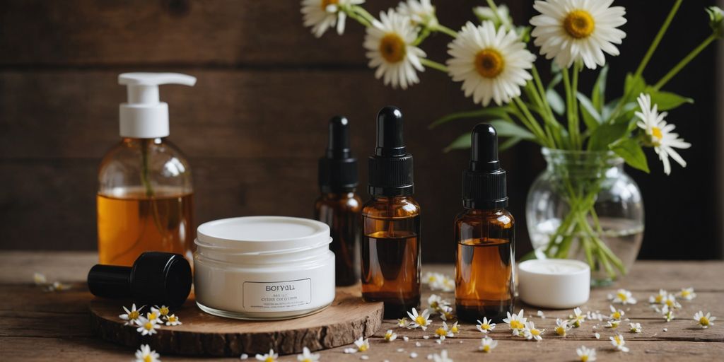 Natural skincare products with flowers on a wooden table.