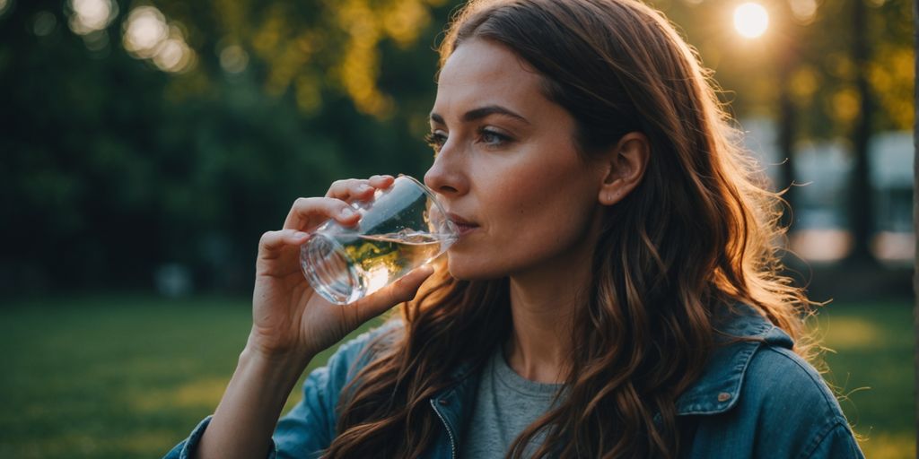 Woman drinking water, showcasing healthy, glowing skin.