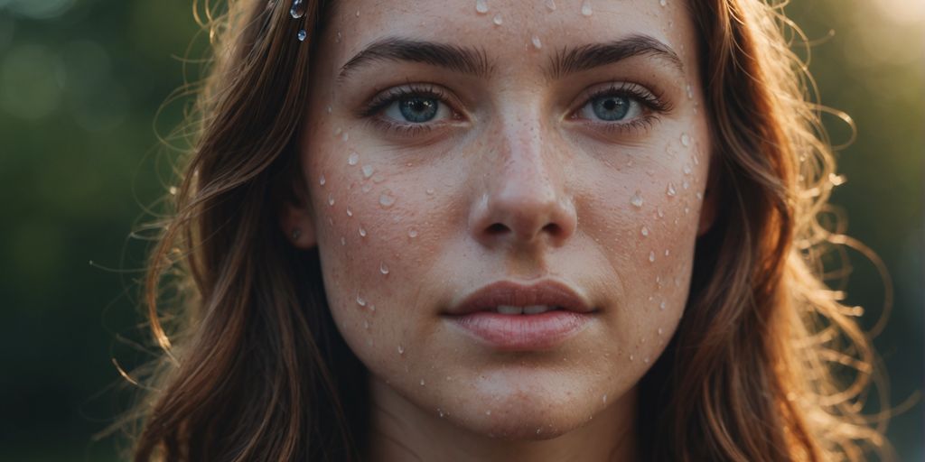 Close-up of hydrated skin with water droplets