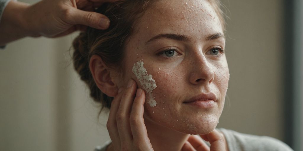 Woman exfoliating her face with a gentle scrub.