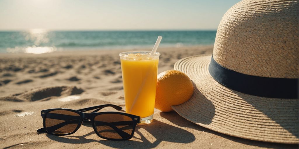 Sunscreen and sun hat on a sunny beach.