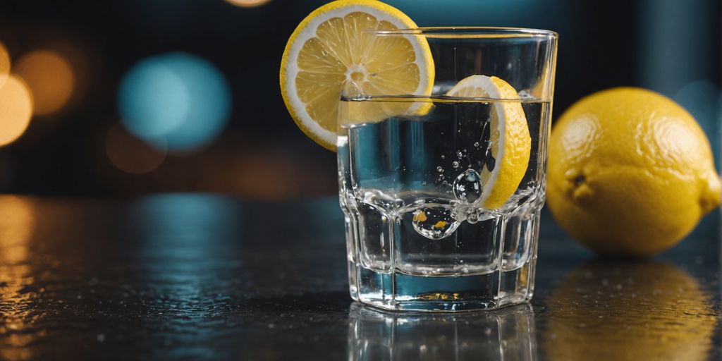 Glass of water and lemon slice for skin hydration.