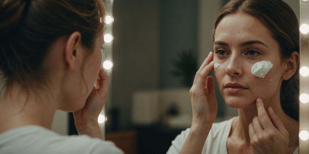 Woman applying moisturizer to her face in the mirror.